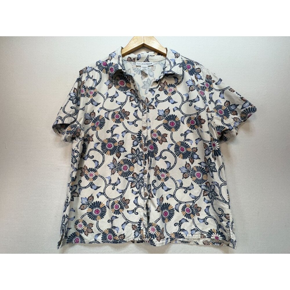 Sag Harbor Women's Linen Button Up Shirt Floral Size X-Large White Short Sleeve